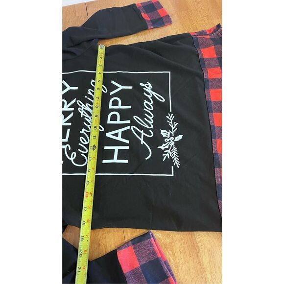 MERRY EVERYTHING HAPPY ALWAYS CHRISTMAS SWEATSHIRT BLACK BUFFALO PLAID SZ L - Picture 6 of 8